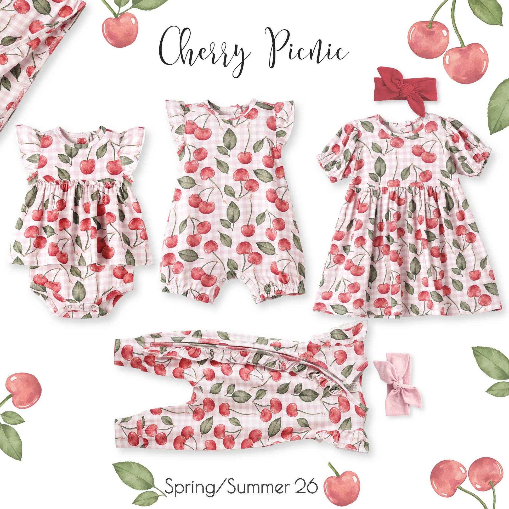 Cherry Picnic Puff Sleeve Bamboo Dress: 18-24M
