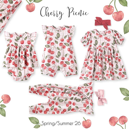 Cherry Picnic Puff Sleeve Bamboo Dress: 18-24M