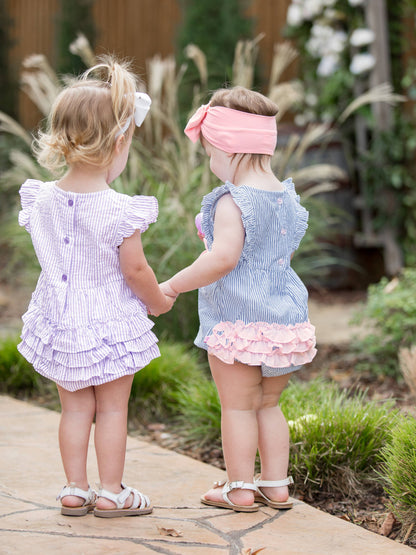 Baby Girls Blue Seersucker Classic Ruffle Bubble Romper: Blue