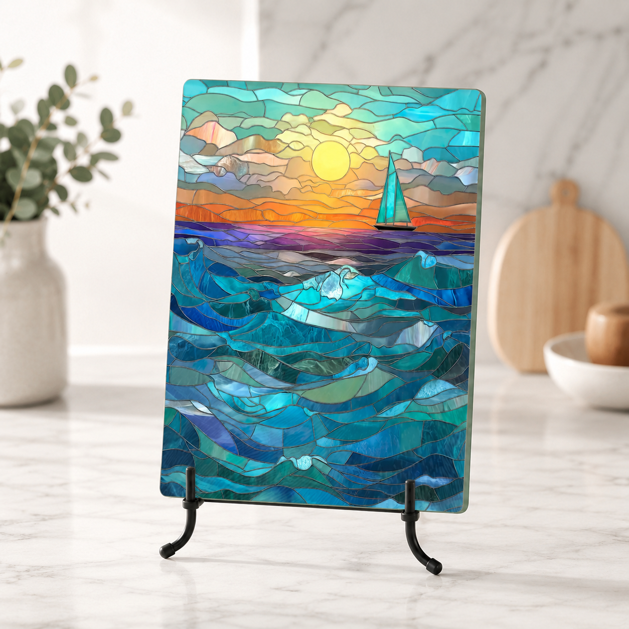 Sailboat Sunset Tempered Glass Cutting Board: 8x11 inch