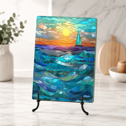 Sailboat Sunset Tempered Glass Cutting Board: 8x11 inch