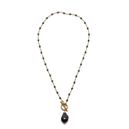 Necklace Hematite3mm bead)w/Midnight BaroquePearl Drop18”
