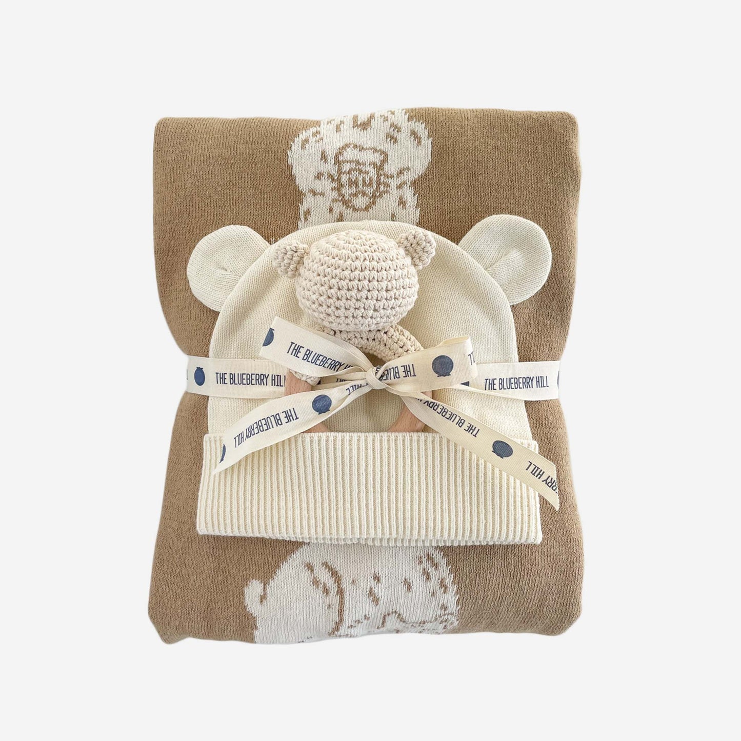 Set Honey Bear Blanket Hat and Teether Baby Gift Summer: Brown Bear