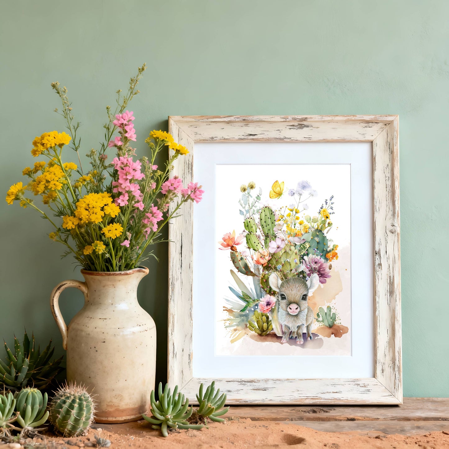 Cactus Blossoms and Javelina Art Print