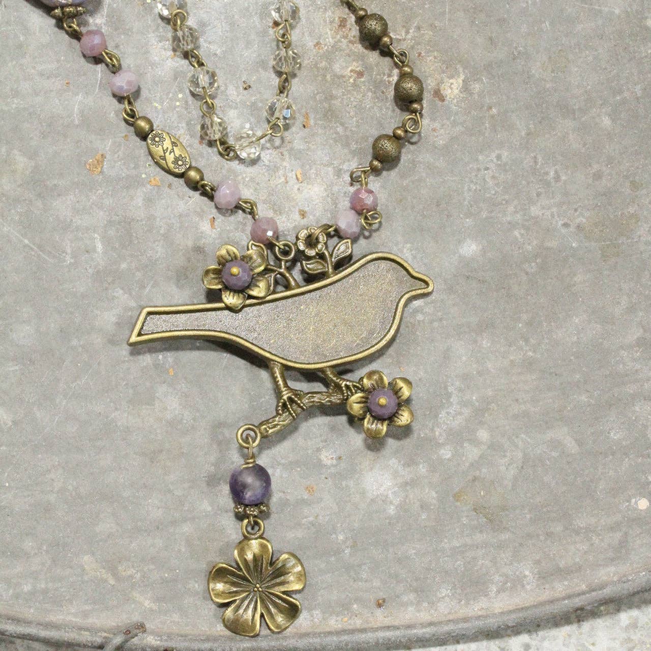 Bird Chirping Purple Czech Layered Necklace