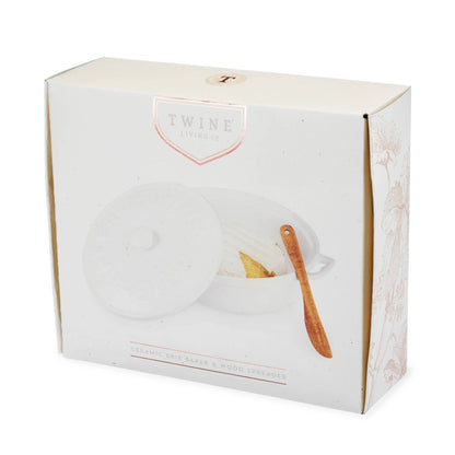 White Ceramic Brie Baker and Lid with Acacia Spreader