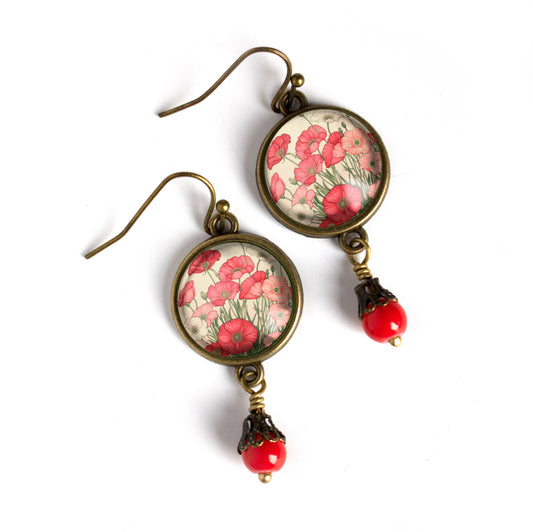 Pink and Red Poppy Flower Glass Cabochon and Bronze Earrings