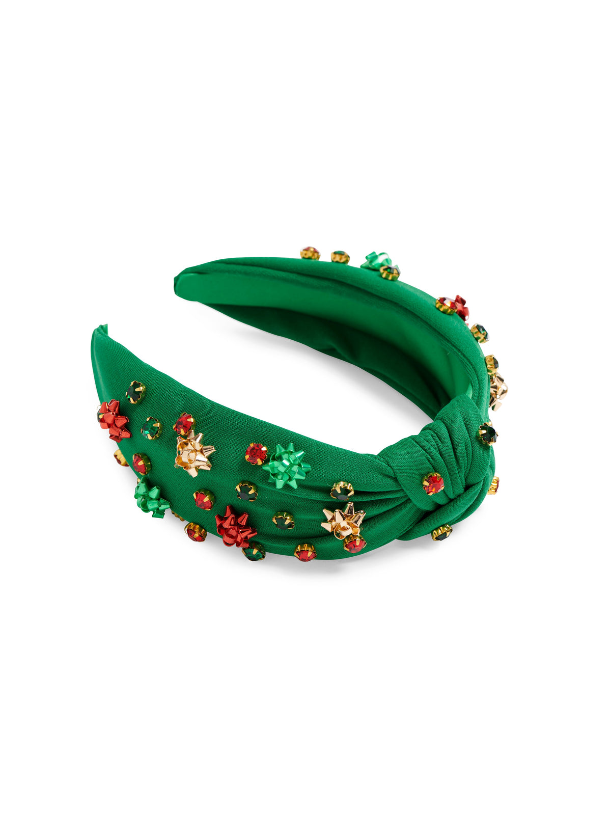Gift Bow Knotted Headband, Green, A green fabric knotted headband studded with red, green and gold rhinestones and small shiny metallic gift bows.
