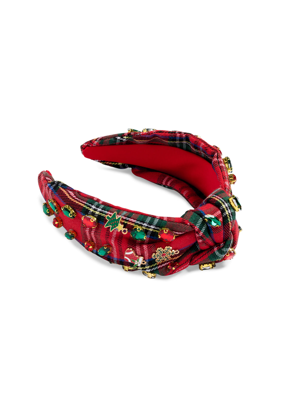 Plaid Merry Knotted Headband, Red, A red tartan knotted headband with red and green jewels and small gold enamel tree, stocking and snowflake details.