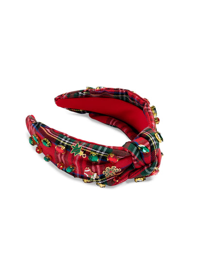 Plaid Merry Knotted Headband, Red, A red tartan knotted headband with red and green jewels and small gold enamel tree, stocking and snowflake details.