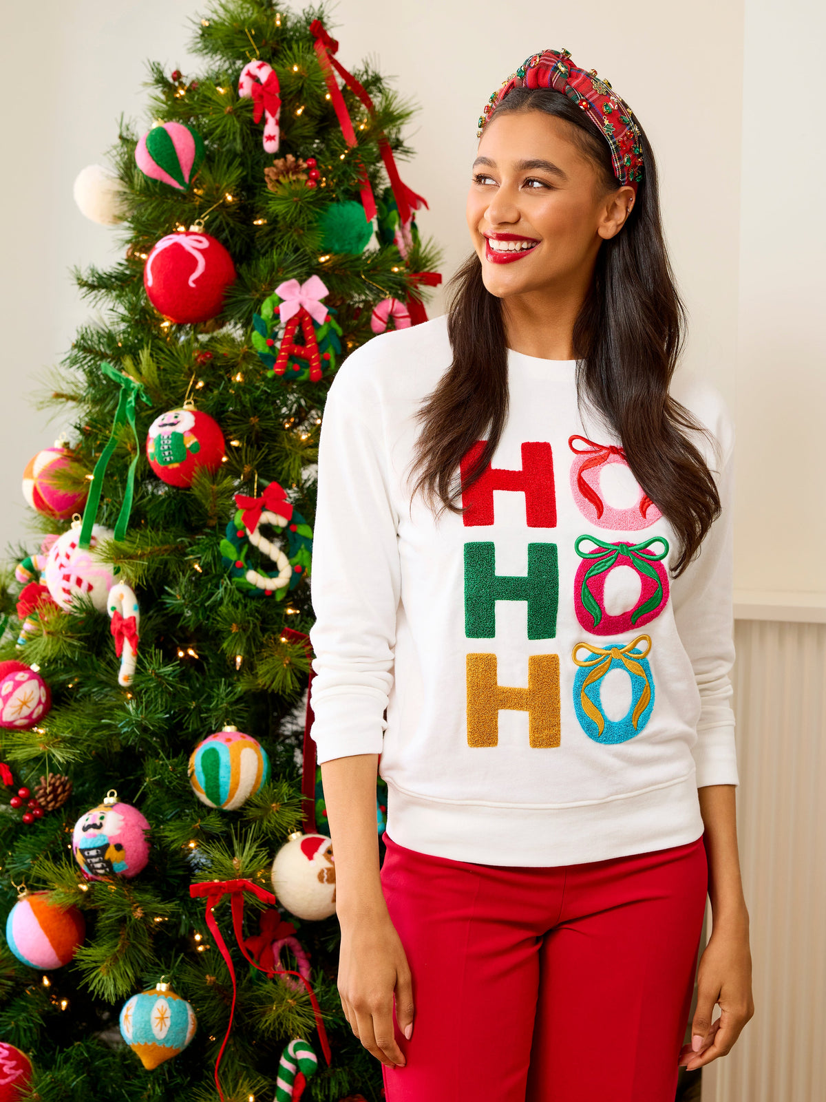 Plaid Merry Knotted Headband, Red, shown in a styled setting