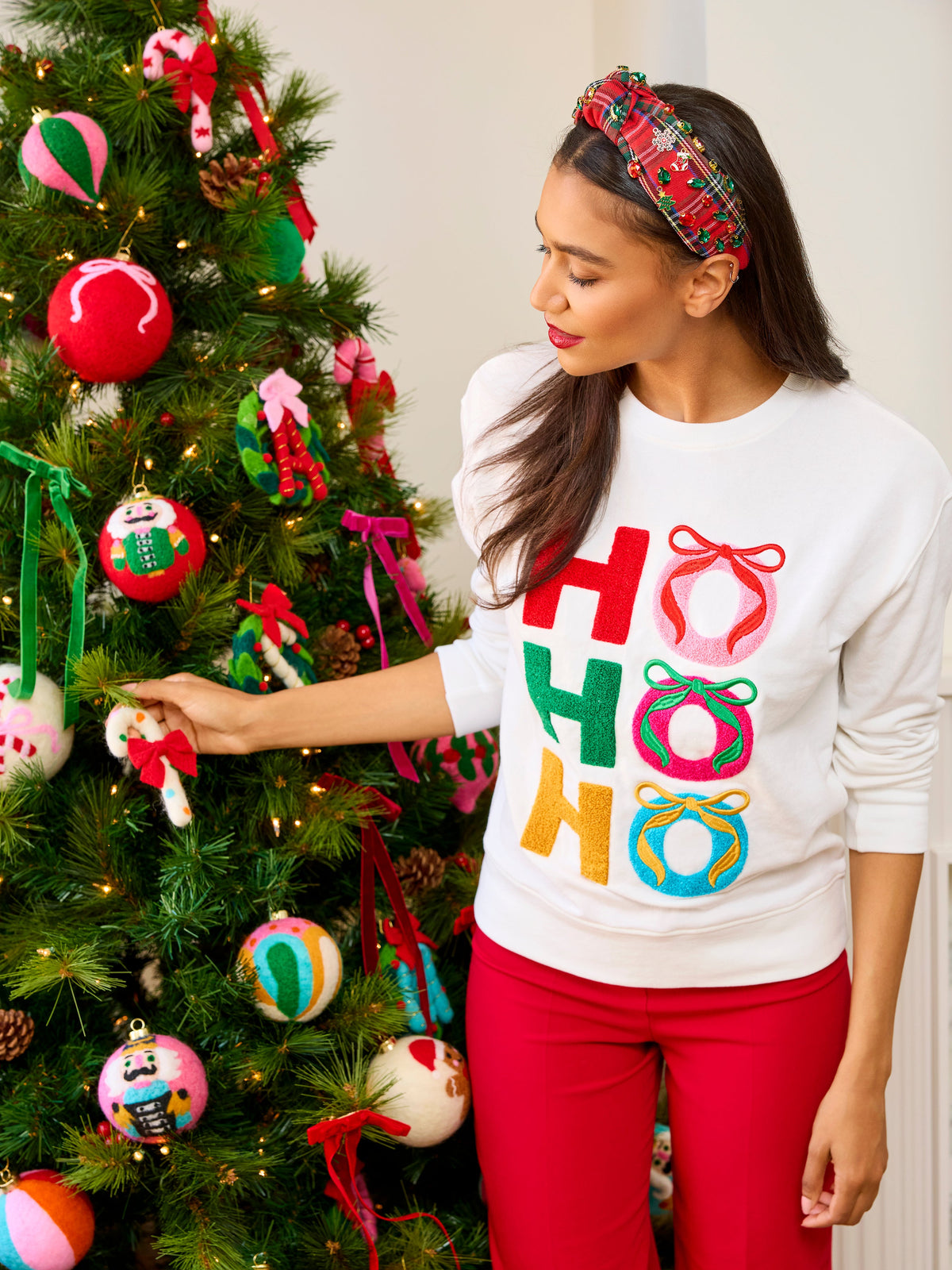 Plaid Merry Knotted Headband, Red, shown in a styled setting