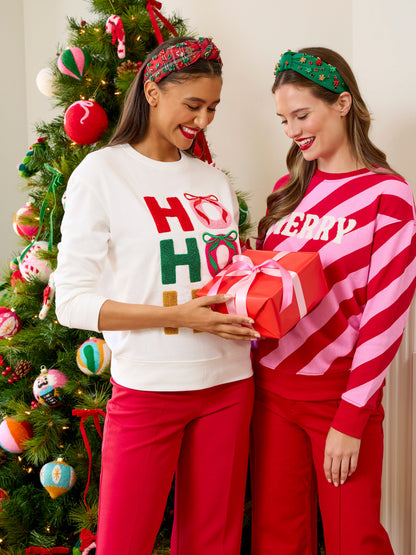 Plaid Merry Knotted Headband, Red, shown in a styled setting