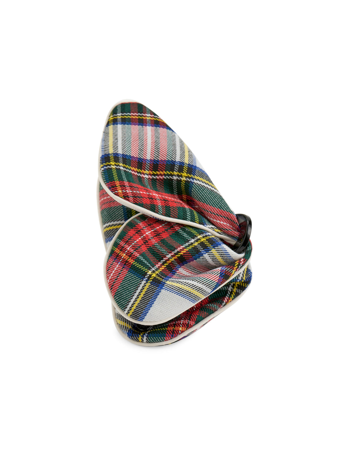 Plaid Bow Claw Hair Clip, Multi, A folded tartan fabric claw clip shaped like a bow, in red, green, blue, yellow and white plaid with cream piping.