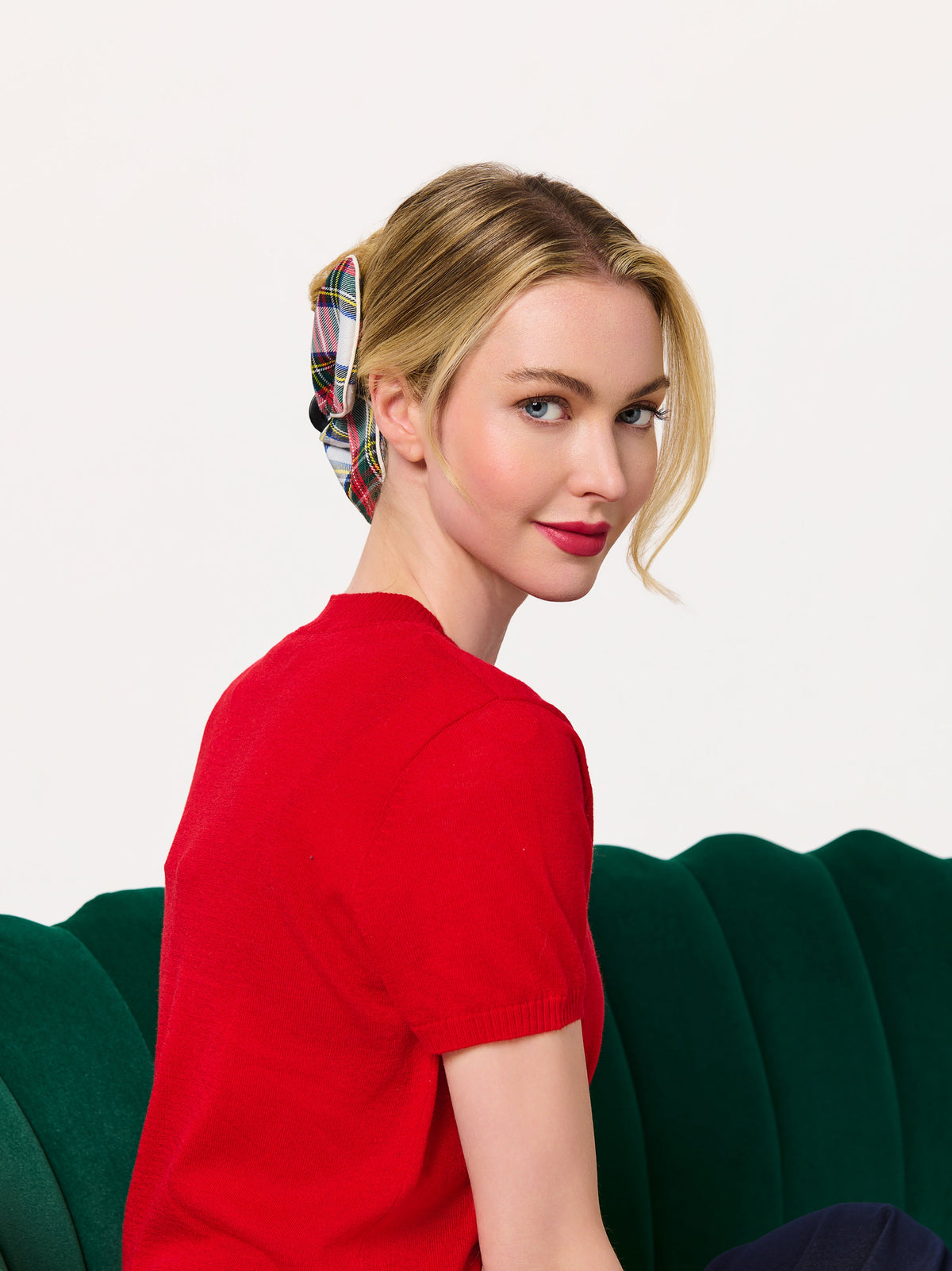 Plaid Bow Claw Hair Clip, Multi, shown in a styled setting