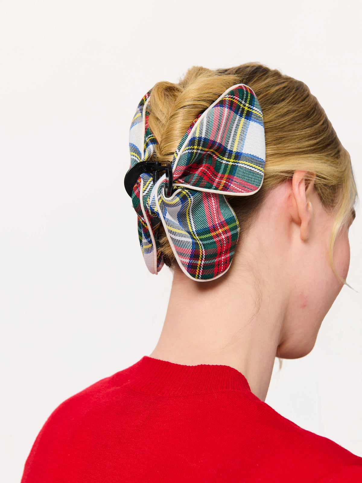 Plaid Bow Claw Hair Clip, Multi, shown in a styled setting