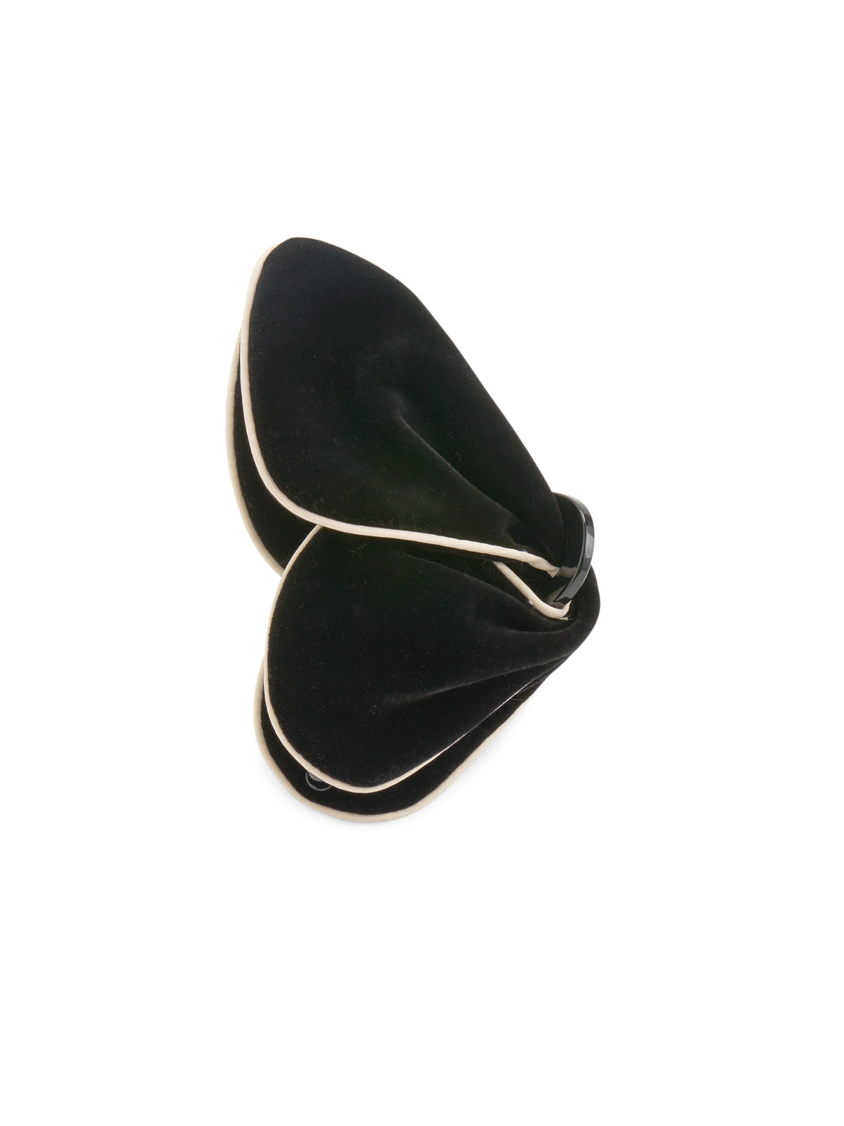 Velvet Claw Hair Clip, Black, A black velvet claw clip shaped like two large petals with cream piping along the edges.