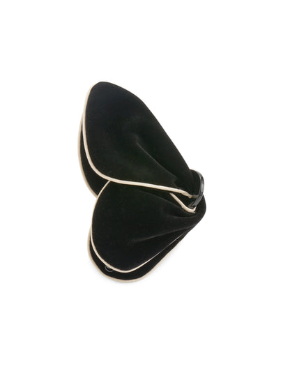 Velvet Claw Hair Clip, Black, A black velvet claw clip shaped like two large petals with cream piping along the edges.