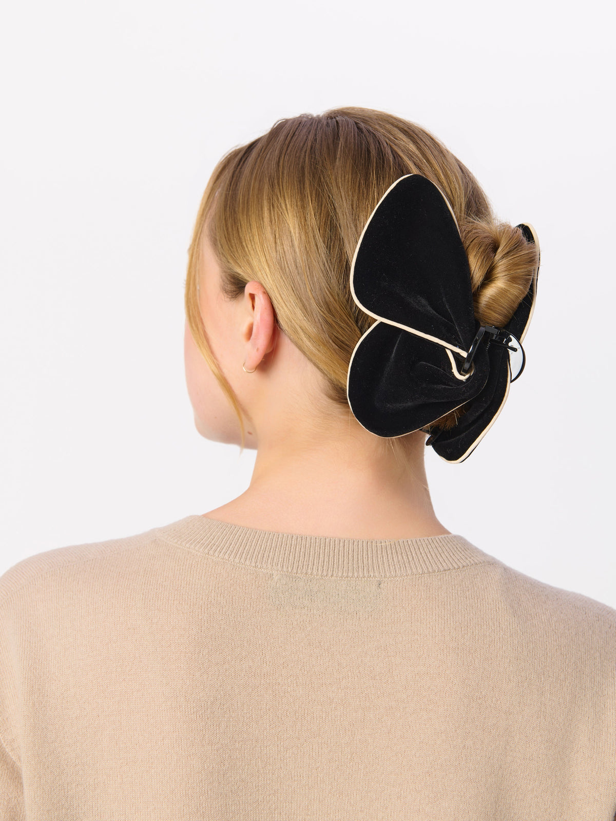 Velvet Claw Hair Clip, Black, shown in a styled setting