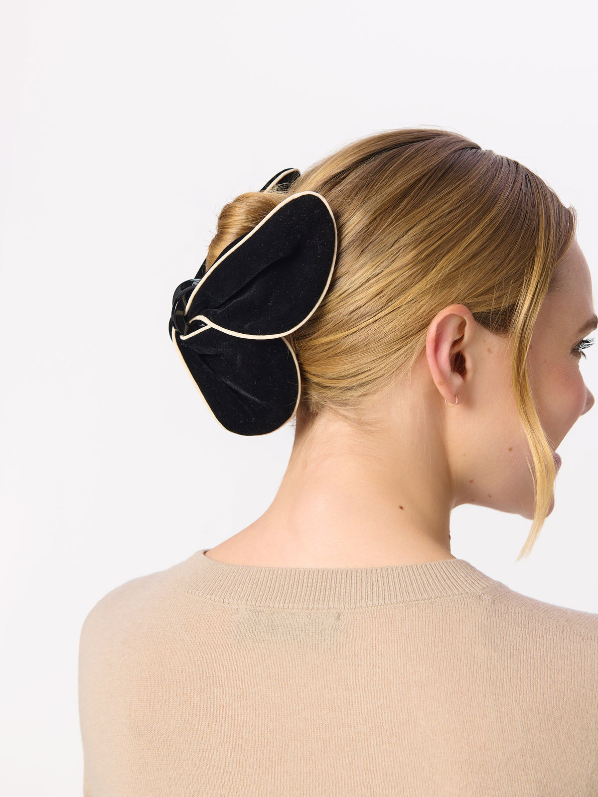 Velvet Claw Hair Clip, Black, shown in a styled setting