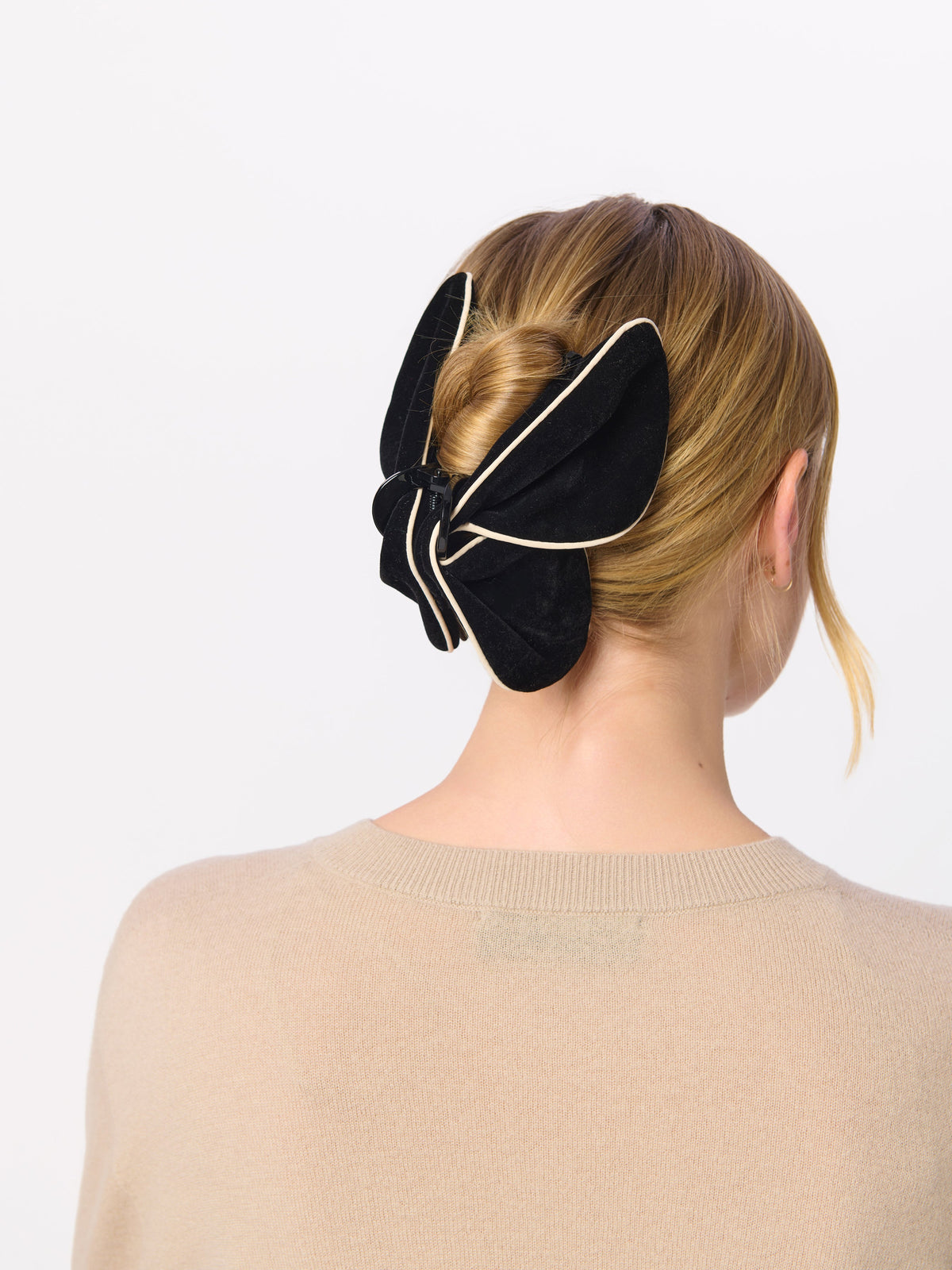 Velvet Claw Hair Clip, Black, shown in a styled setting