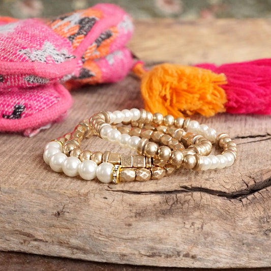 Pearls and Antique Gold Beaded Bracelet Set