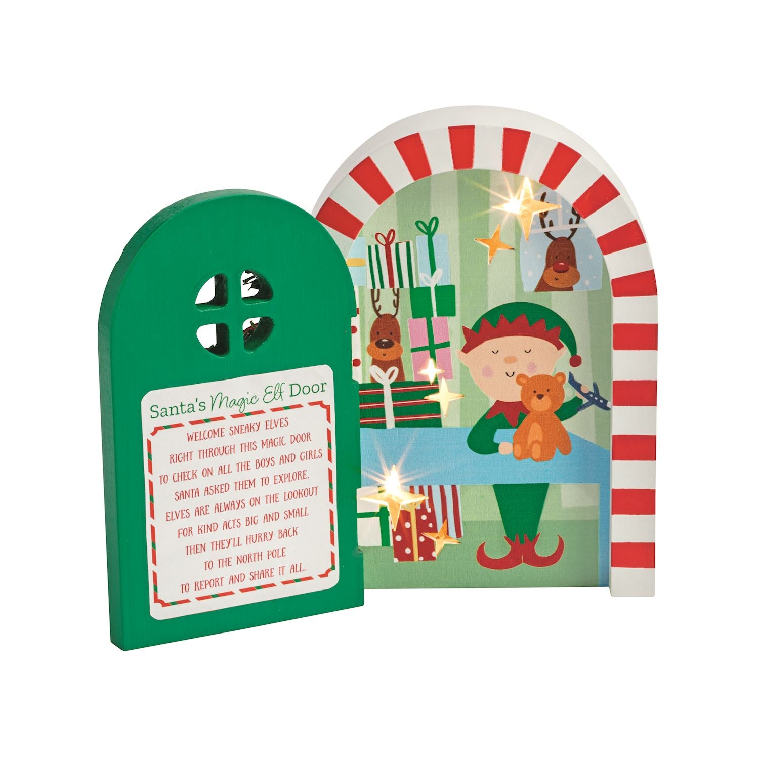Green Magic Elf Door Set with LED Lights, A green arched wooden elf door with a printed welcome rhyme, standing open in front of a lit printed scene of an elf, presents and a reindeer at a window.