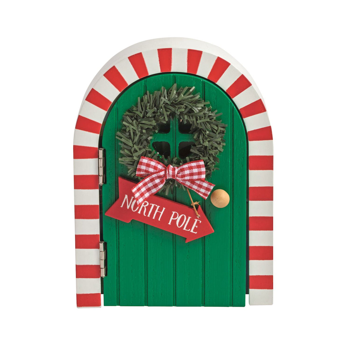 Green Magic Elf Door Set with LED Lights, A green arched wooden elf door with a printed welcome rhyme, standing open in front of a lit printed scene of an elf, presents and a reindeer at a window.