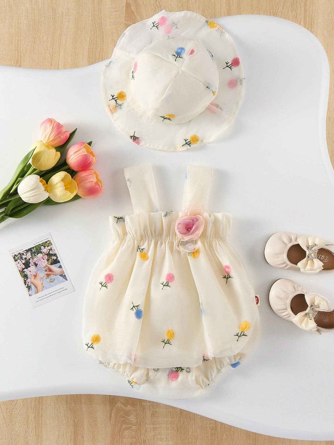 Storybook Floral Baby Girl Romper With Hat: 6M