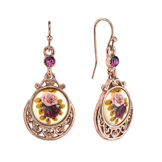 1928 Jewelry - Purple & Pink Rose Flower Dangle Earrings