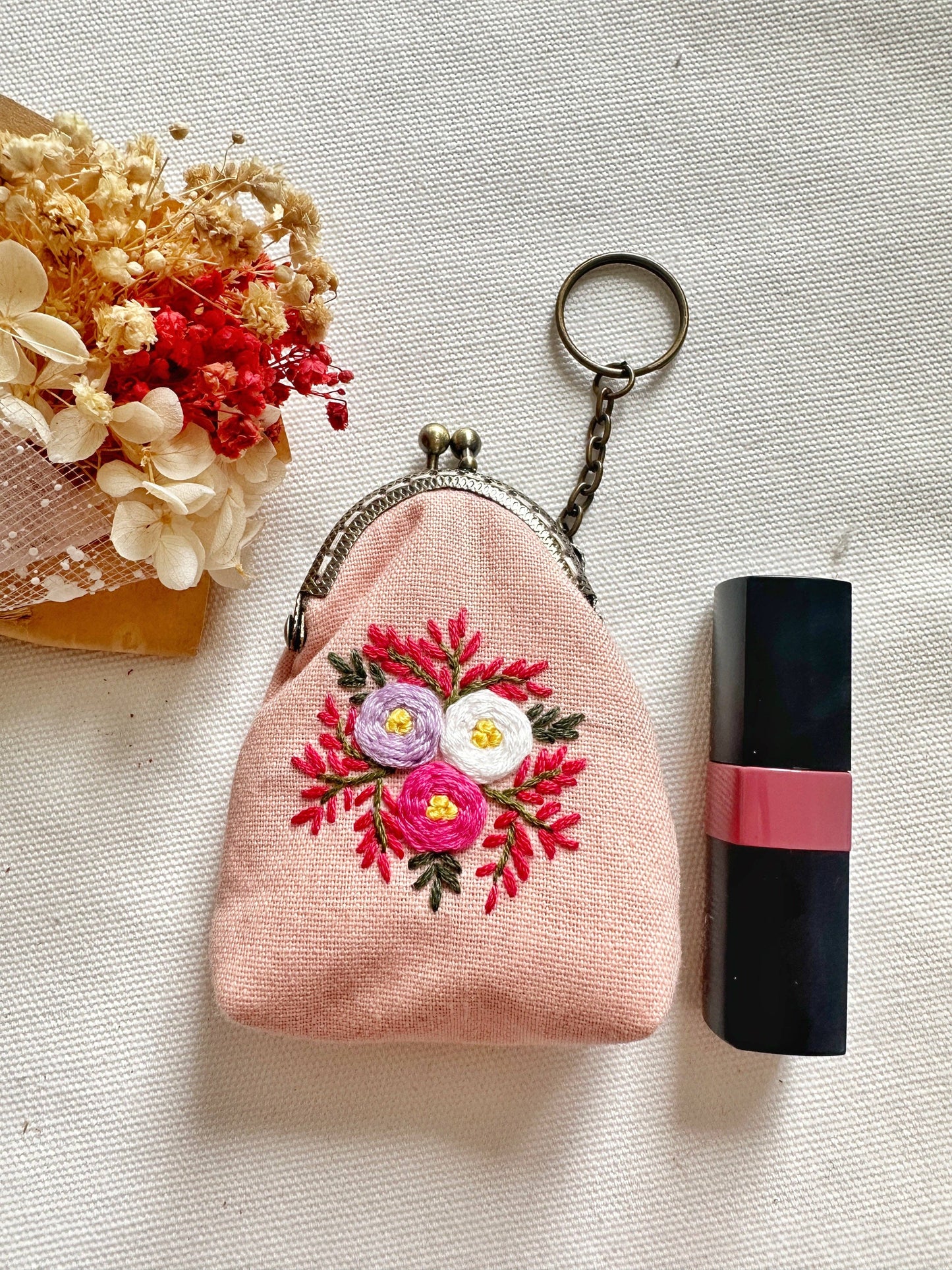 Floral Embroidered Keychain Pouch