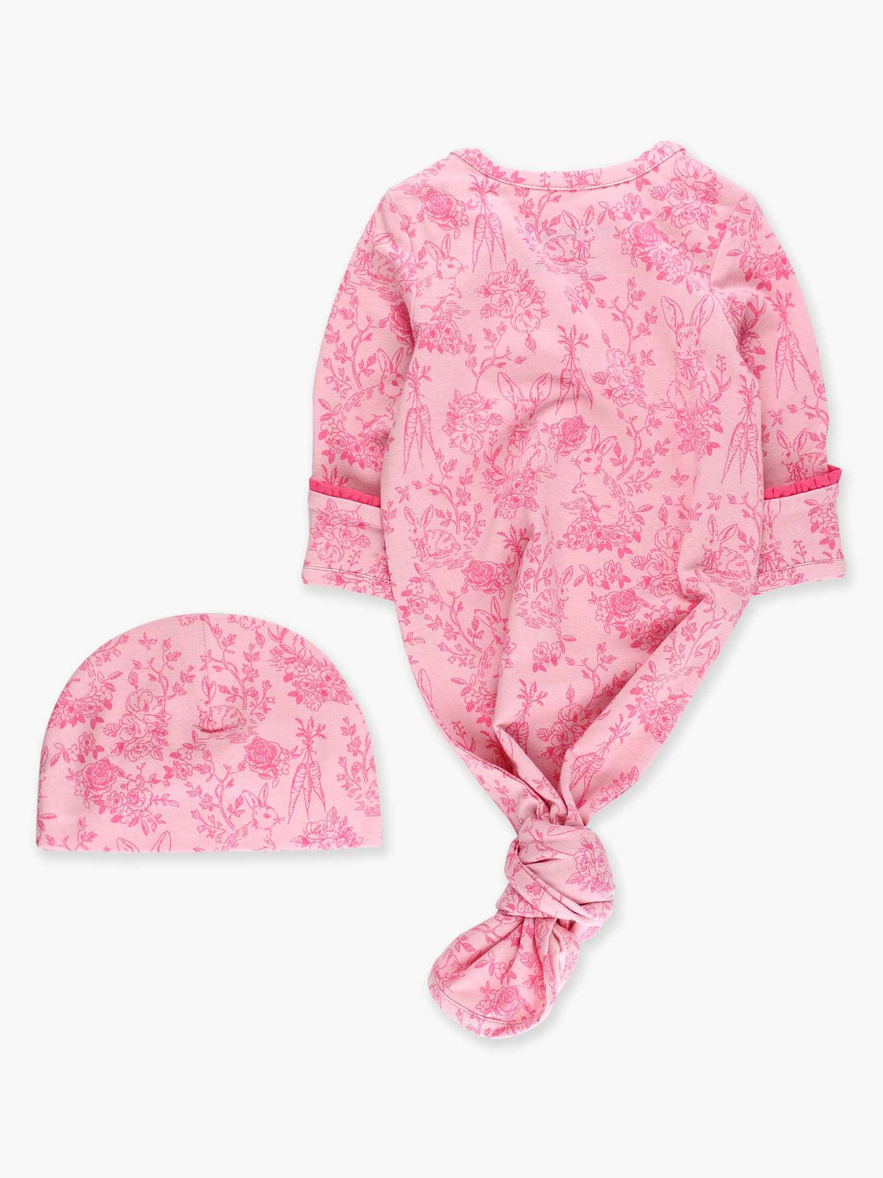 SoftSnooze™ Baby Girls Cotton Modal Pink Cottontail Toile Ruffle Knotted Sleep Gown & Bow Hat Set: Pink / Newborn-3m
