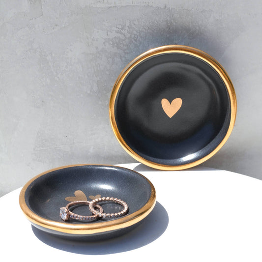 Black Heart Ring Dish Handmade Pottery with Gold