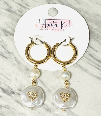 Anita K By Blushing Pink - Crystal Heart & Pearl Drop Hoop