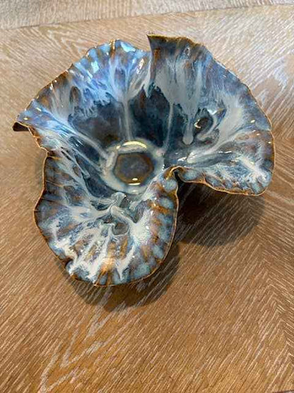 Handbuilt Coastal Sculptural Ceramic Bowl- Sea Glass Blue