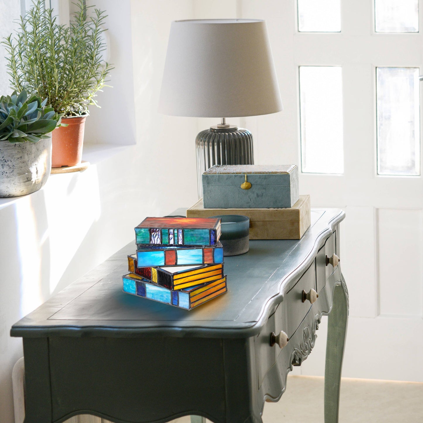 5.75"H Multi-Colored Book Stack Stained Glass Accent Lamp