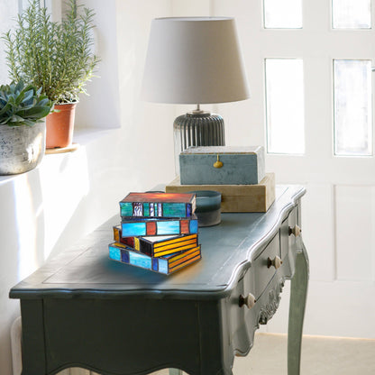 5.75"H Multi-Colored Book Stack Stained Glass Accent Lamp