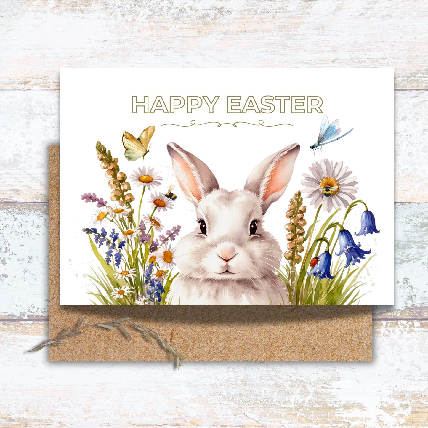 Easter Bunny in Rustic Wildflowers Watercolor Greeting Card