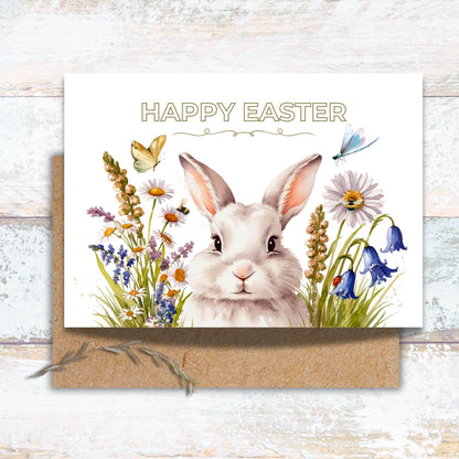 Easter Bunny in Rustic Wildflowers Watercolor Greeting Card