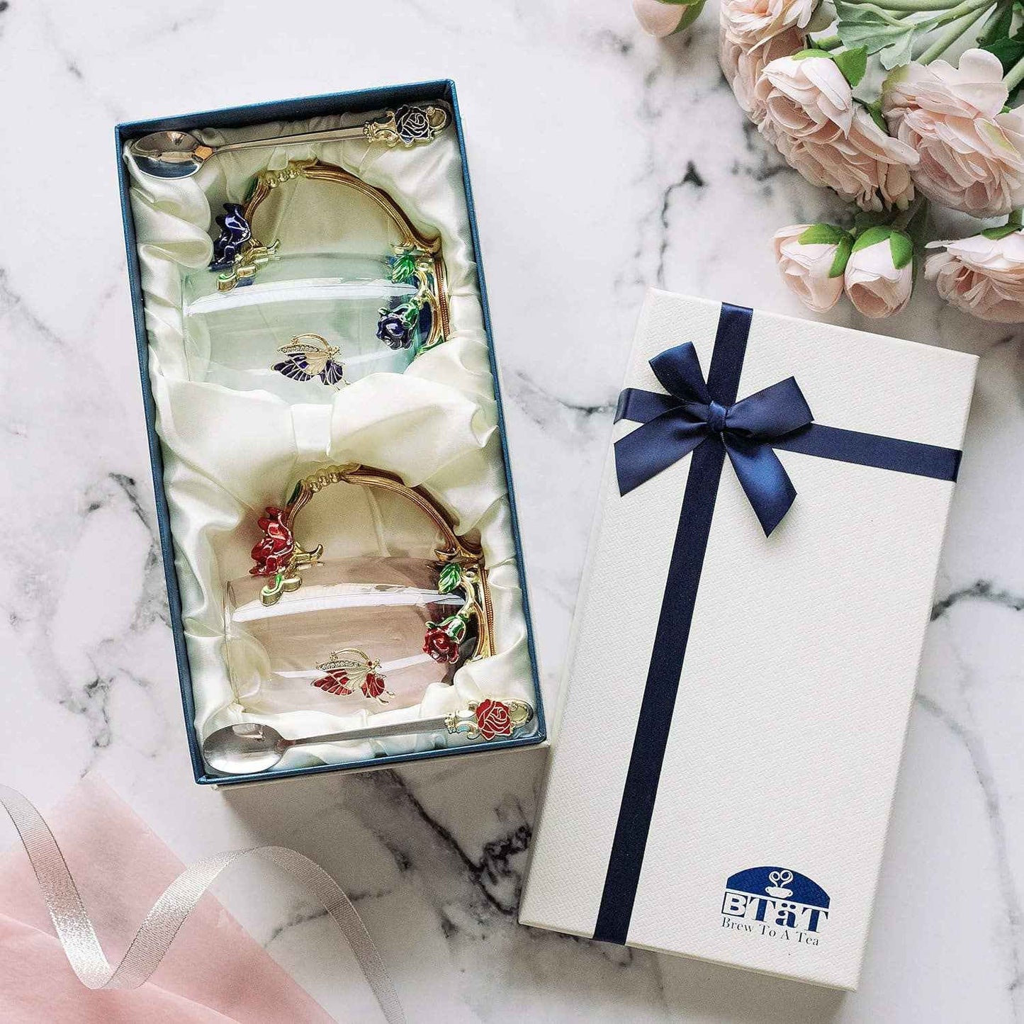 Floral Glass Tea Cups – Set of 2
