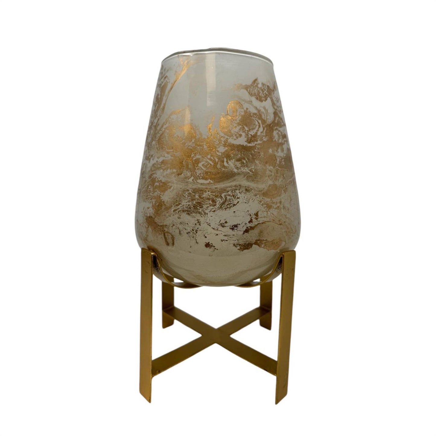 10”H Glass Candle Holder - White/Gold Marble