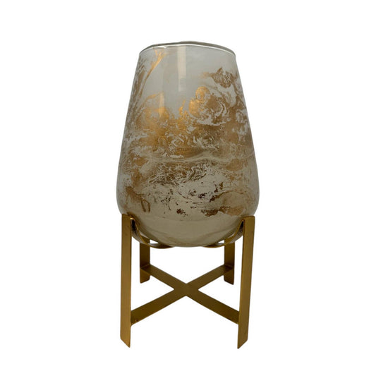 10”H Glass Candle Holder - White/Gold Marble
