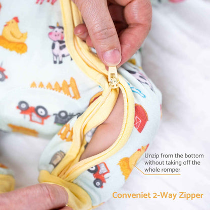 LollyBanks - Bamboo Baby Convertible Zipper Pajamas - Farm Pigs Cows Barn