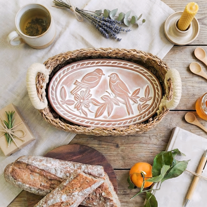 Handmade Bread Warmer & Wicker Basket - Lovebirds Oval