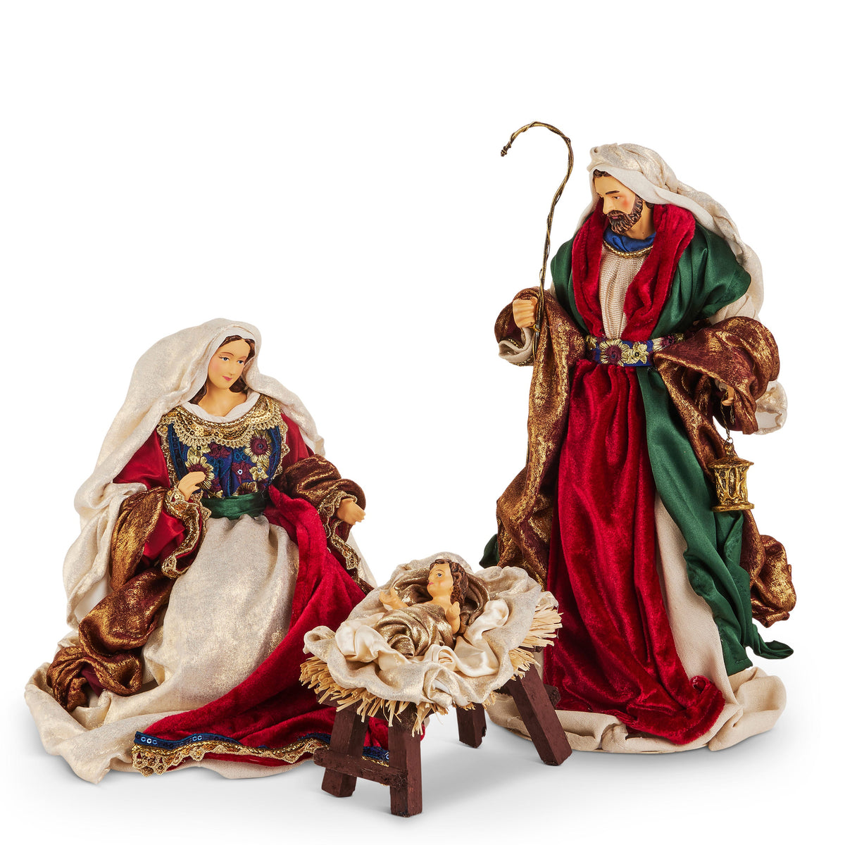 14.75 Inch Jewel Tone Holy Family, Set of 3, A three-piece Holy Family set in jewel-toned red, green, and gold fabric robes with Mary, Joseph, and Baby Jesus in a manger.