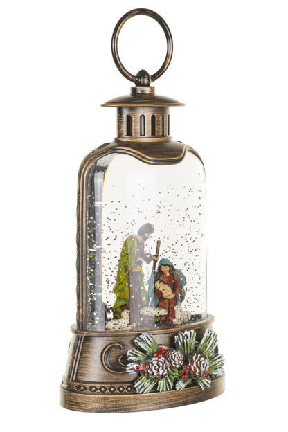 Antique Brown Lantern Snow Globe with Nativity Scene