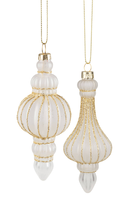 Silver Tree Home & Holiday - A25584-2 Asstd rib gls finial,frst wt/pale gld glit band,5in