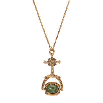 14k Gold Dipped Cross Spinner Three-Sided Gemstone Necklace