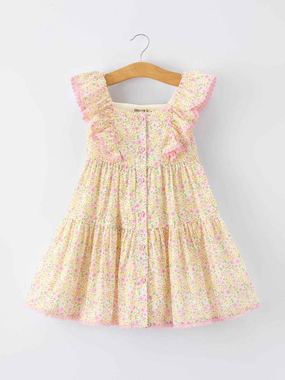 Spring Floral Girls Ruffle Dress With Bow Straw Hat Set: 7