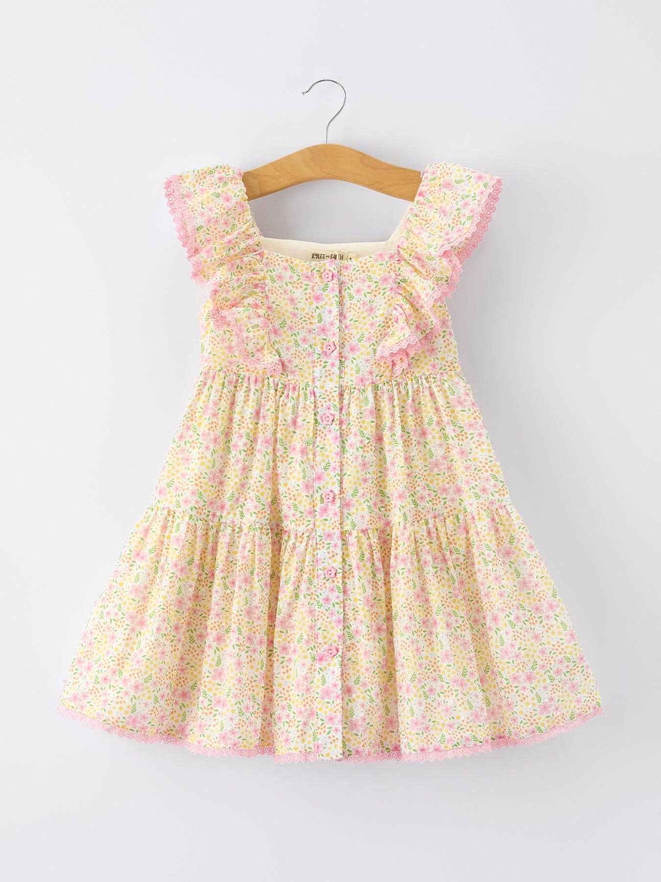 Spring Floral Girls Ruffle Dress With Bow Straw Hat Set: 5